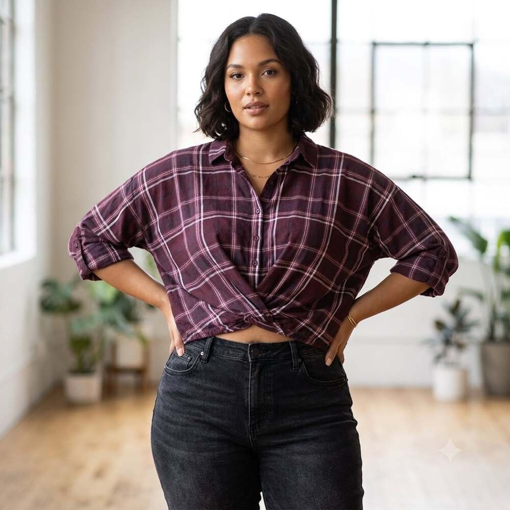 Velvet Heart Burgundy Plaid Tie-Front Button-Down Shirt